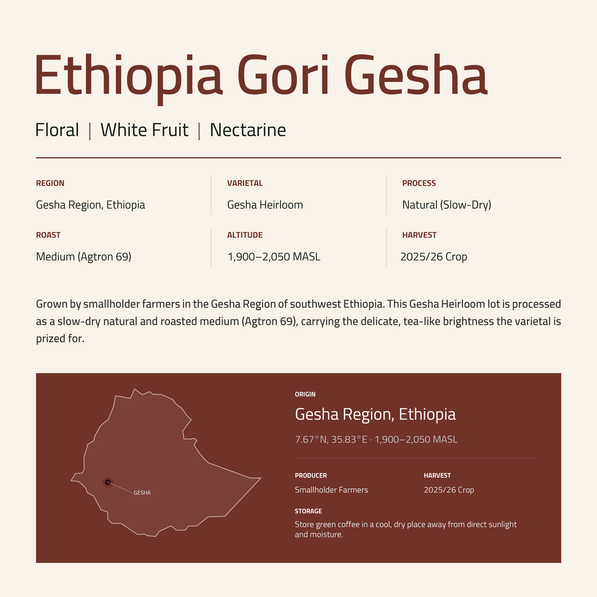 Ethiopia Gori Gesha Videshi Coffee white bag