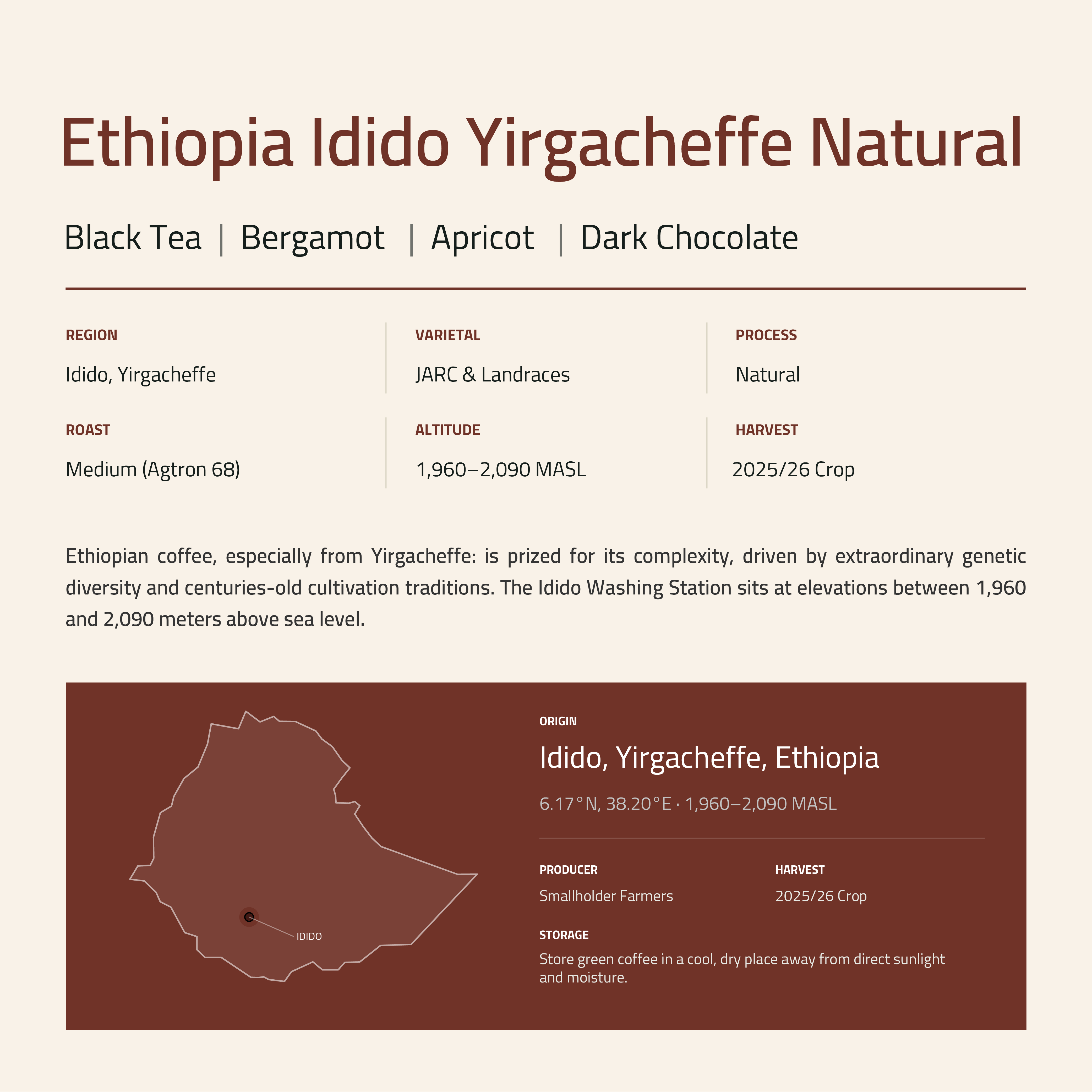 Ethiopia Idido Yirgacheffe Natural Roasted Coffee Beans